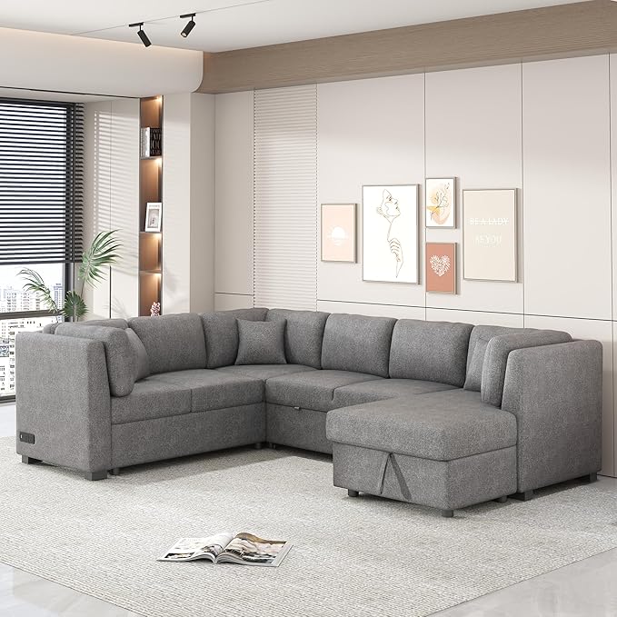 U Shaped Reversible Pull Out Sleeper Sectional Sofa Convertible Corner Couch Bed with Storage Chaise Lounge , 6 Seater Chenille Upholstered Sofa&Couch wth USB Ports, 2 Power Sockets for Living Room - LeafyLoom
