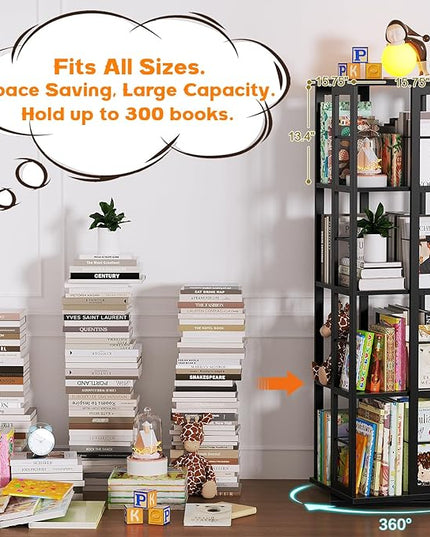 Aheaplus Rotating Bookshelf, Corner Bookshelf, 360 Display Wood Spinning Bookshelf, Floor Standing Bookcase Narrow Shelf Revolving Organizer Storage Rack for Small Space, Bedroom, Study Room, Black - LeafyLoom