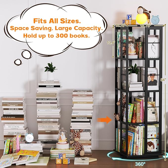Aheaplus Rotating Bookshelf, Corner Bookshelf, 360 Display Wood Spinning Bookshelf, Floor Standing Bookcase Narrow Shelf Revolving Organizer Storage Rack for Small Space, Bedroom, Study Room, Black - LeafyLoom