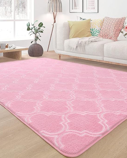 Chicrug Shag Geometric Modern Area Rug for Living Room, 7x10 Feet Large Memory Foam Indoor Carpet, Fluffy Rug for Bedroom Bedside Room Decor for Family Girls Kids Nursery, Pink/White - LeafyLoom