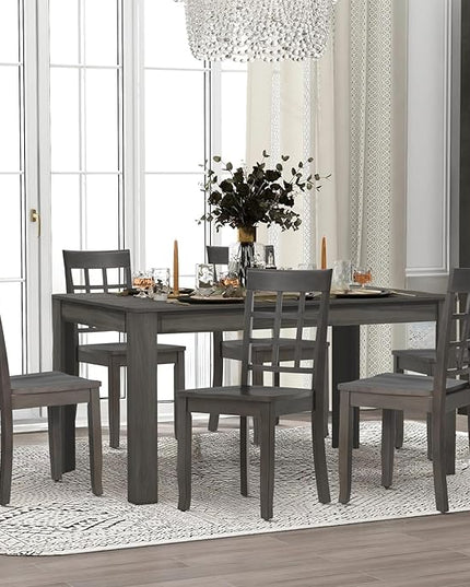 COLAMY Wooden Dining Chairs Set of 6, Nine-Square High Back Kitchen Side Chair, Farmhouse Dining Chairs for Kitchen and Dining Room, Dark Grey - LeafyLoom