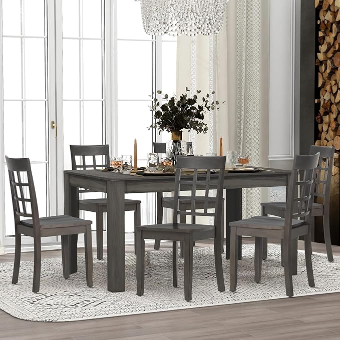 COLAMY Wooden Dining Chairs Set of 6, Nine-Square High Back Kitchen Side Chair, Farmhouse Dining Chairs for Kitchen and Dining Room, Dark Grey - LeafyLoom