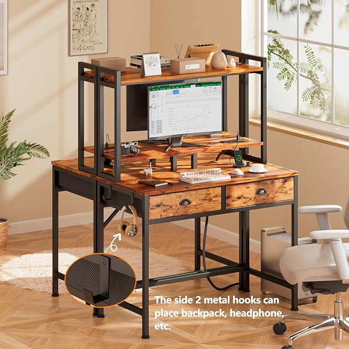 Furologee Small Computer Desk with Power Outlet and 2 Fabric Drawers, Gaming Desk with Light, Home Office Desk with Monitor Stand and Hutch for Small Space Working, Study Table with Shelf Rustic Brown - LeafyLoom