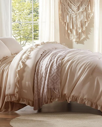 Anluoer King Comforter Set 7 Piece, Oatmeal Bed in a Bag with Sheets, All Season Ruffle Shabby Chic Bedding Sets with 1 Comforter, 2 Pillow Shams, 2 Pillowcases, 1 Flat Sheet, 1 Fitted Sheet - LeafyLoom