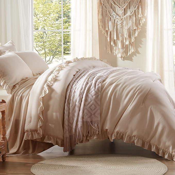 Anluoer King Comforter Set 7 Piece, Oatmeal Bed in a Bag with Sheets, All Season Ruffle Shabby Chic Bedding Sets with 1 Comforter, 2 Pillow Shams, 2 Pillowcases, 1 Flat Sheet, 1 Fitted Sheet - LeafyLoom