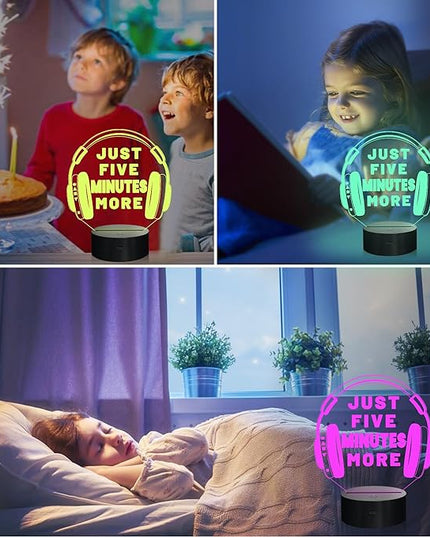 Attivolife Just Five Minutes More Night Light, Headphone Graphic Video Games Gamer Room Decor, Funny Gift 3D Illusion Lamp 16 Colors Changing Touch & Remote Control for Men Teenagers Kids - LeafyLoom