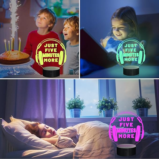 Attivolife Just Five Minutes More Night Light, Headphone Graphic Video Games Gamer Room Decor, Funny Gift 3D Illusion Lamp 16 Colors Changing Touch & Remote Control for Men Teenagers Kids - LeafyLoom