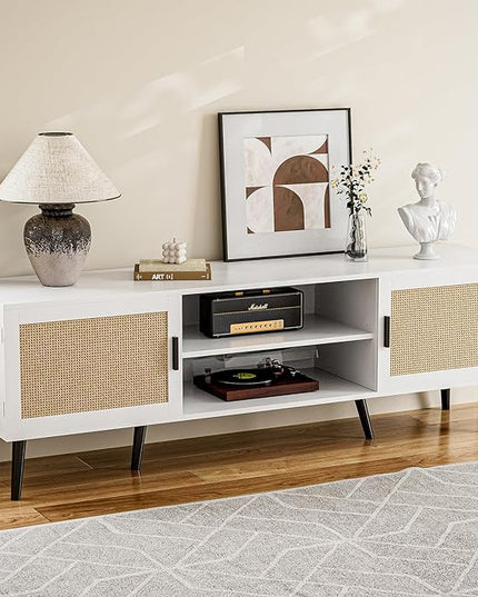 TV Stand for TVs up to 65'', Mid Century Modern Entertainment Center with Rattan Door, Shelves & 2 Cabinets, Boho Media TV Console for Living Room, Bedroom, White - LeafyLoom