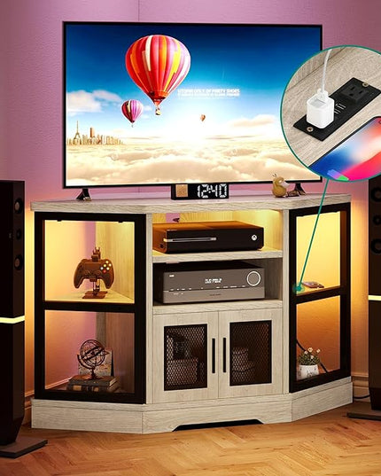YITAHOME RGB LED Corner TV Stand for TVs up to 55/50 Inch with Power Outlet, Modern Farmhouse Entertainment Center, Wood TV Media Console with Storage Shelves for Living Room, White Oak - LeafyLoom