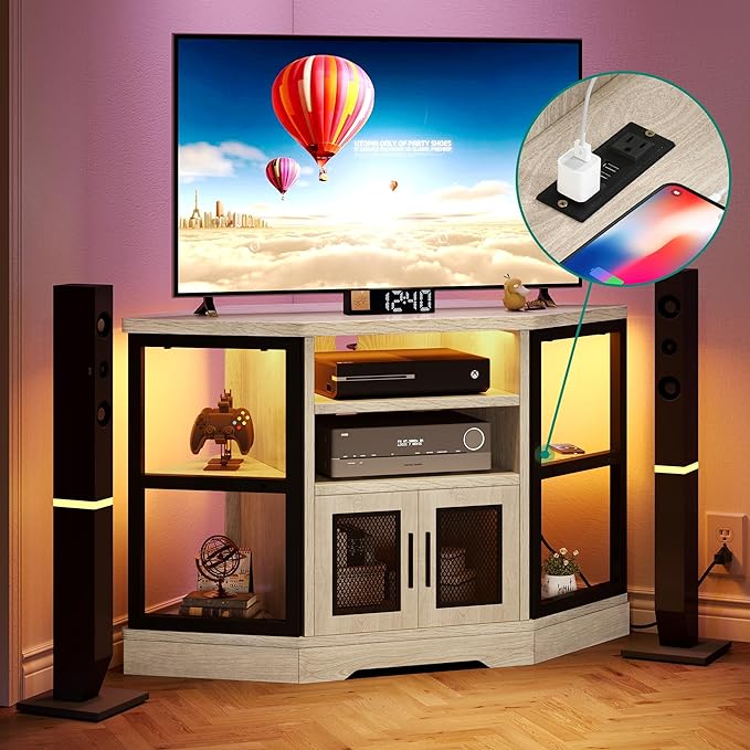 YITAHOME RGB LED Corner TV Stand for TVs up to 55/50 Inch with Power Outlet, Modern Farmhouse Entertainment Center, Wood TV Media Console with Storage Shelves for Living Room, White Oak - LeafyLoom