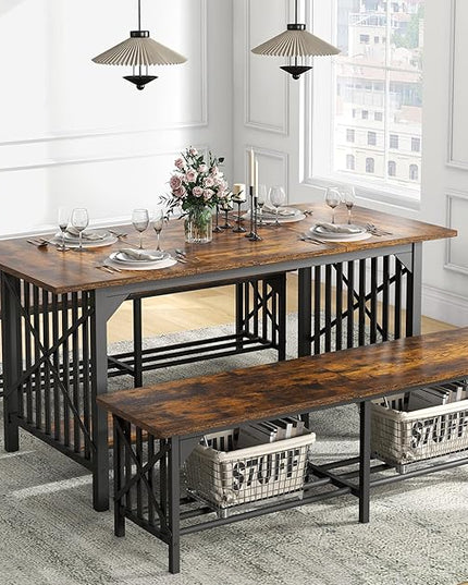 DWVO 3-Piece Dining Table Set for 4-6 People, 63" Dining Room Table with 2 Benches, Industrial Rectangular Dining Room Table Set with Storage for Kitchen, Dining Room, Rustic Brown - LeafyLoom