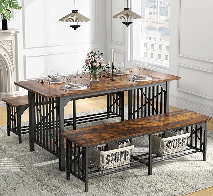 DWVO 3-Piece Dining Table Set for 4-6 People, 63" Dining Room Table with 2 Benches, Industrial Rectangular Dining Room Table Set with Storage for Kitchen, Dining Room, Rustic Brown - LeafyLoom