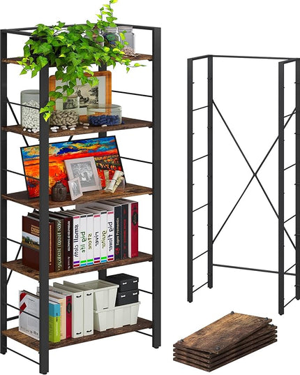 4NM Bookshelf 5 Tier Industrial Bookcase Home Office Adjustable Bookshelves Storage Shelves Organizer Vintage Book Shelf Display Rack for Living Room, Bedroom,Home- Rustic Brown - LeafyLoom