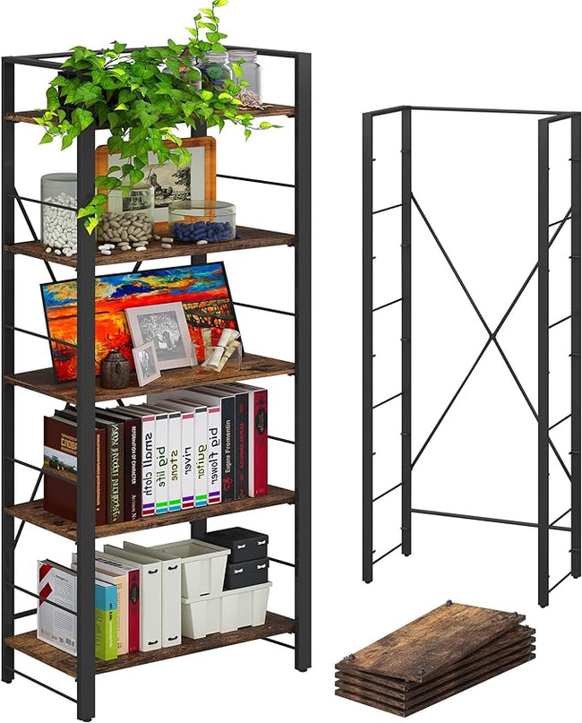 4NM Bookshelf 5 Tier Industrial Bookcase Home Office Adjustable Bookshelves Storage Shelves Organizer Vintage Book Shelf Display Rack for Living Room, Bedroom,Home- Rustic Brown - LeafyLoom