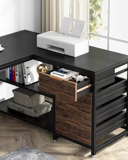 59-Inch L Shaped Desk with Drawers, Large Computer Desk with Storage Shelves, Reversible L-Shaped Corner Desk Workstation for Home Office - LeafyLoom