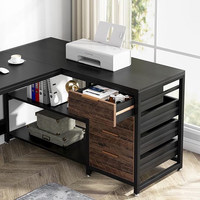 59-Inch L Shaped Desk with Drawers, Large Computer Desk with Storage Shelves, Reversible L-Shaped Corner Desk Workstation for Home Office - LeafyLoom