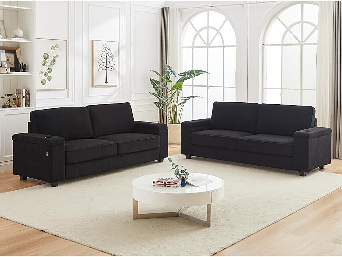 Modern Living Room Upholstered 3 Seater Sofa Couch Deep Seat Soft Corduroy Sofa&Couch with Storage Armrests, 2 Cupholders, Type-C and USB Charging Ports for Home, Apartment, Office - LeafyLoom
