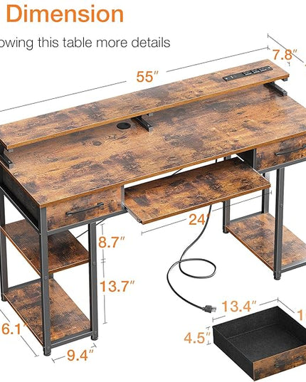 ODK Computer Desk with Drawers & Power Outlet, 55 Inch Office Desk with Keyboard Tray & Storage Shelves & PC Stand, Office Table Work Desk with Monitor Stand, Rustic Brown - LeafyLoom