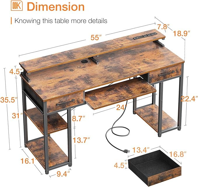 ODK Computer Desk with Drawers & Power Outlet, 55 Inch Office Desk with Keyboard Tray & Storage Shelves & PC Stand, Office Table Work Desk with Monitor Stand, Rustic Brown - LeafyLoom