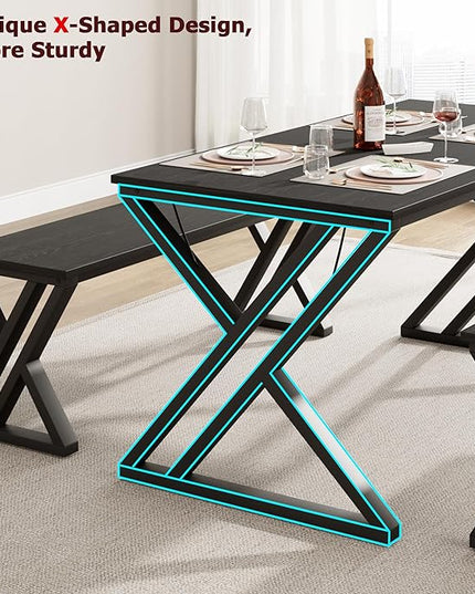 IDEALHOUSE Kitchen Table with Benches, Dining Table Benches Set for 4-6, Rectangular Kitchen Table Set with Sturdy Metal Frame, Saving Space for Kitchen, Dining Room, Apartment, 55", Black - LeafyLoom