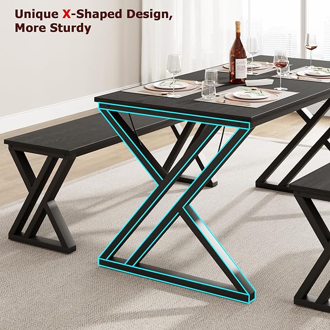 IDEALHOUSE Kitchen Table with Benches, Dining Table Benches Set for 4-6, Rectangular Kitchen Table Set with Sturdy Metal Frame, Saving Space for Kitchen, Dining Room, Apartment, 55", Black - LeafyLoom