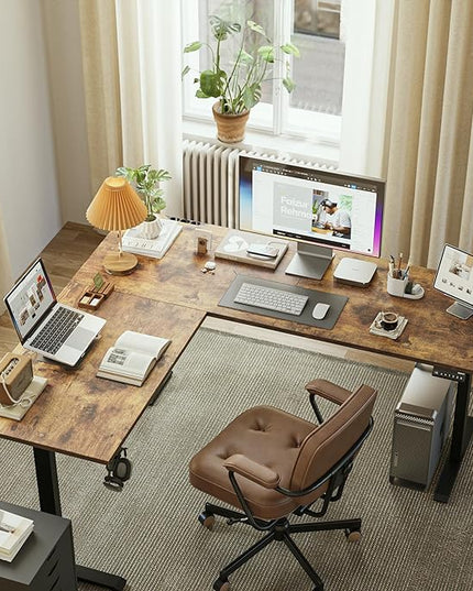 L Shaped Standing Desk Adjustable Height, Electric Corner Standing Desk, 63 x 55 inch Sit Stand Computer Table with Splice Board, Rustic Brown - LeafyLoom
