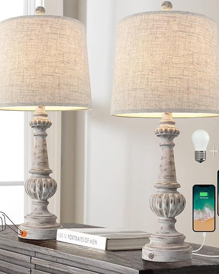 PORTRES 25.75" Traditional 3-Way Dimmable Table Lamp Set of 2 for Living Room Bedside Nightstand Lamps with USB A+C Charging Ports for Bedroom Kids Room Rustic Table Lamps (2 Bulbs Included) - LeafyLoom
