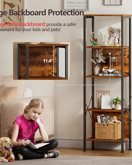 Furologee 5 Tier Bookshelf with Back, Tall Narrow Bookcase, Rustic Standing Shelf Units, Metal and Wood Display Storage Rack Organizer for Bedroom, Living Room, Home Office, Entryway - LeafyLoom