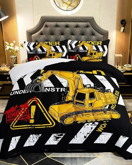 Excavator Comforter Twin Size,Construction Truck Comforter Set for Kids Teens Boys Girls,3Pcs Bedding Set Printed Comforter with 2 Pillowcases,Soft and Lightweight(Black，Twin Size) - LeafyLoom