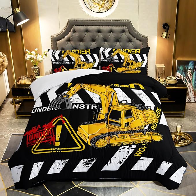 Excavator Comforter Twin Size,Construction Truck Comforter Set for Kids Teens Boys Girls,3Pcs Bedding Set Printed Comforter with 2 Pillowcases,Soft and Lightweight(Black，Twin Size) - LeafyLoom