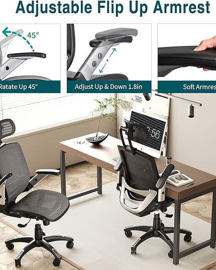 GABRYLLY Ergonomic Mesh Office Chair, High Back Desk Chair - Adjustable Headrest with Flip-Up Arms, Tilt Function, Lumbar Support and PU Wheels, Swivel Computer Task Chair, Grey - LeafyLoom