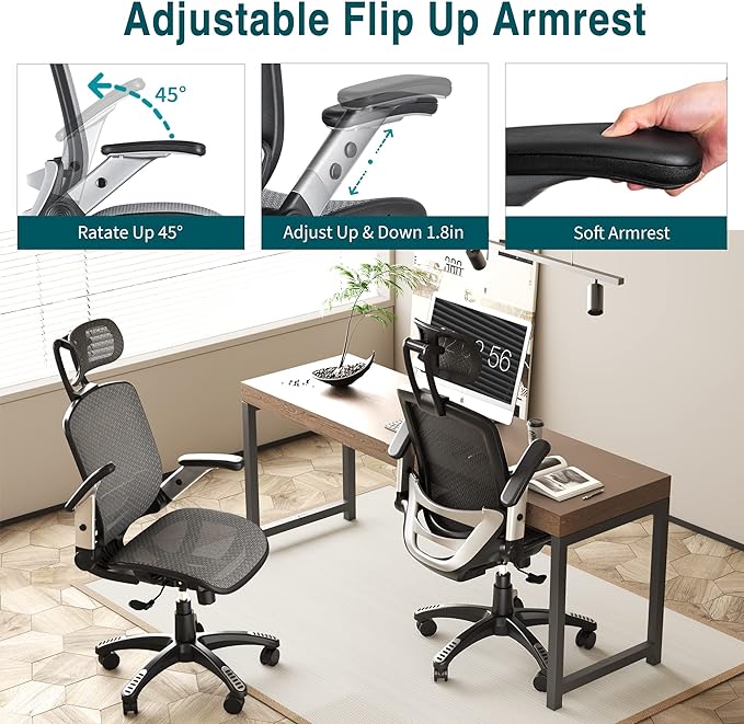 GABRYLLY Ergonomic Mesh Office Chair, High Back Desk Chair - Adjustable Headrest with Flip-Up Arms, Tilt Function, Lumbar Support and PU Wheels, Swivel Computer Task Chair, Grey - LeafyLoom