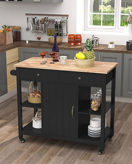 ChooChoo Kitchen Islands on Wheels with Wood Top, Utility Wood Movable Kitchen Cart with Storage and Drawers, Black - LeafyLoom