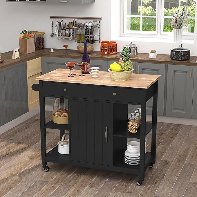 ChooChoo Kitchen Islands on Wheels with Wood Top, Utility Wood Movable Kitchen Cart with Storage and Drawers, Black - LeafyLoom