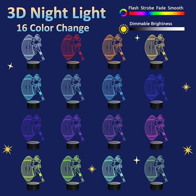 Attivolife Football Player 3D Nightlight, Rugby Illusion LED Lamp with Remote & Touch Control, 16 Colors Changing Dimmable, Great Bedside Decor Birthday GIft for Outsports Lover Children Kids Boys - LeafyLoom