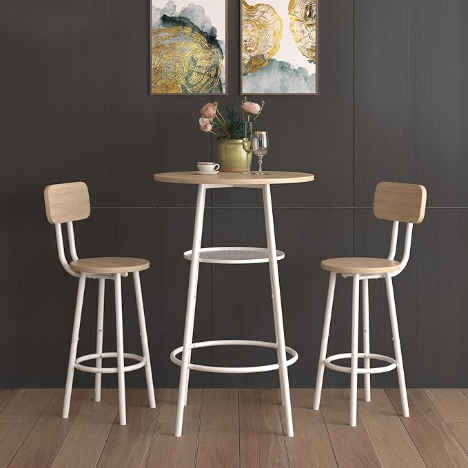 NicBex Small Dining Table for 2 Kitchen Table and Chairs Round Dining Table Set Bar Table, Equipped with 2 Bar Stools, with Backrest and Partition for Kitchen Breakfast, Party Room, White Oak - LeafyLoom