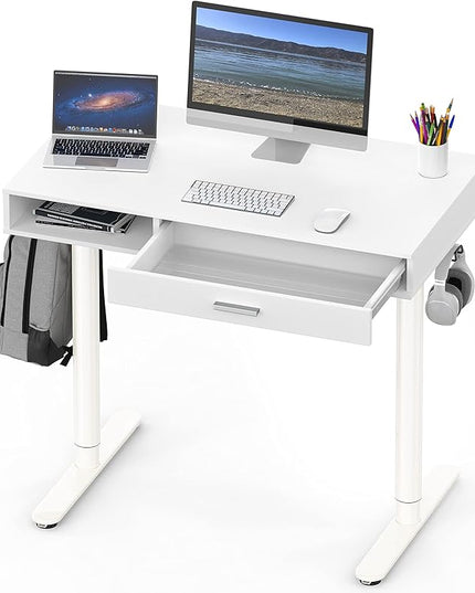 SHW Claire 40-Inch Height Adjustable Electric Standing Desk with Drawer, White - LeafyLoom