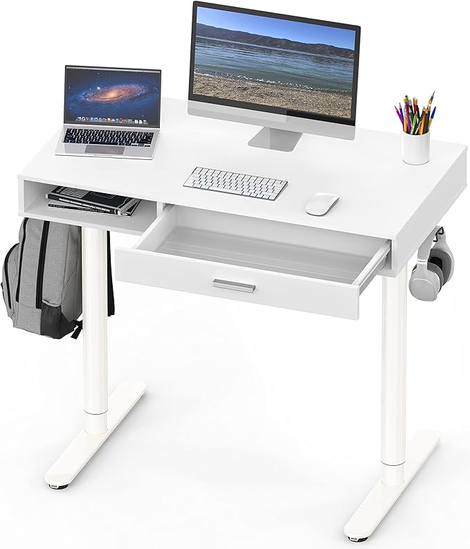 SHW Claire 40-Inch Height Adjustable Electric Standing Desk with Drawer, White - LeafyLoom