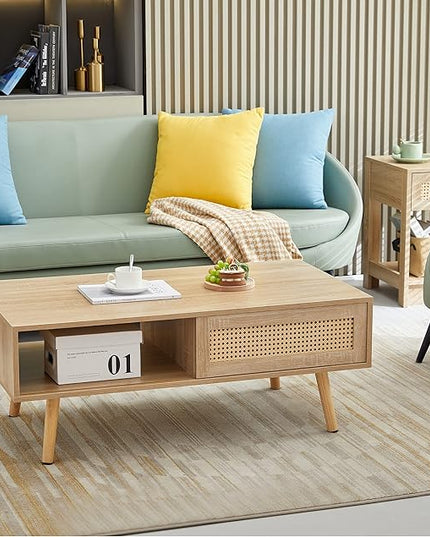 41.34" Morden Rattan Coffee table with Sliding Door for Storage, Modern Rectangular Solid Wood Coffee Table for Living Room - LeafyLoom