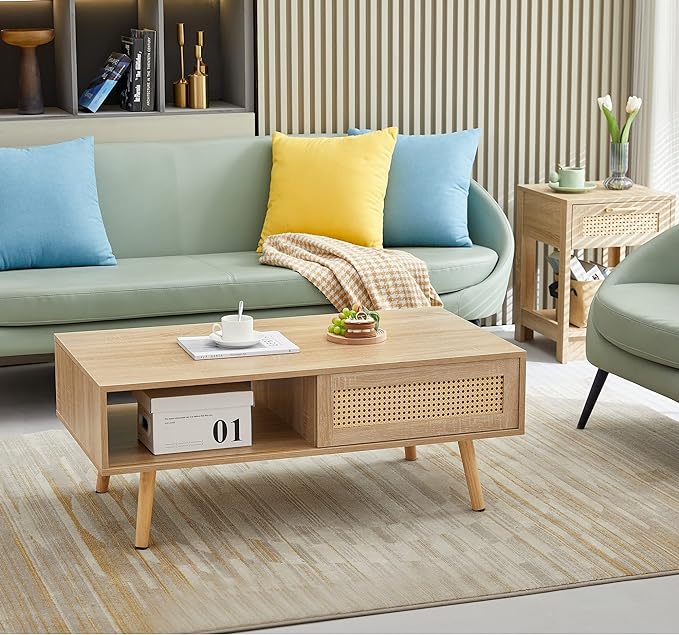 41.34" Morden Rattan Coffee table with Sliding Door for Storage, Modern Rectangular Solid Wood Coffee Table for Living Room - LeafyLoom