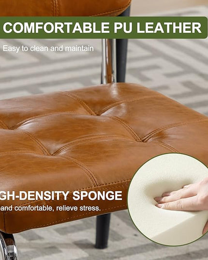 Forevich Mid Century Modern Dining Chairs Set of 2, Leather Kitchen Dining Room Side Chairs Upholstered Armless Accent Chairs with Metal Chrome Legs for Living Room, Bedroom Brown - LeafyLoom
