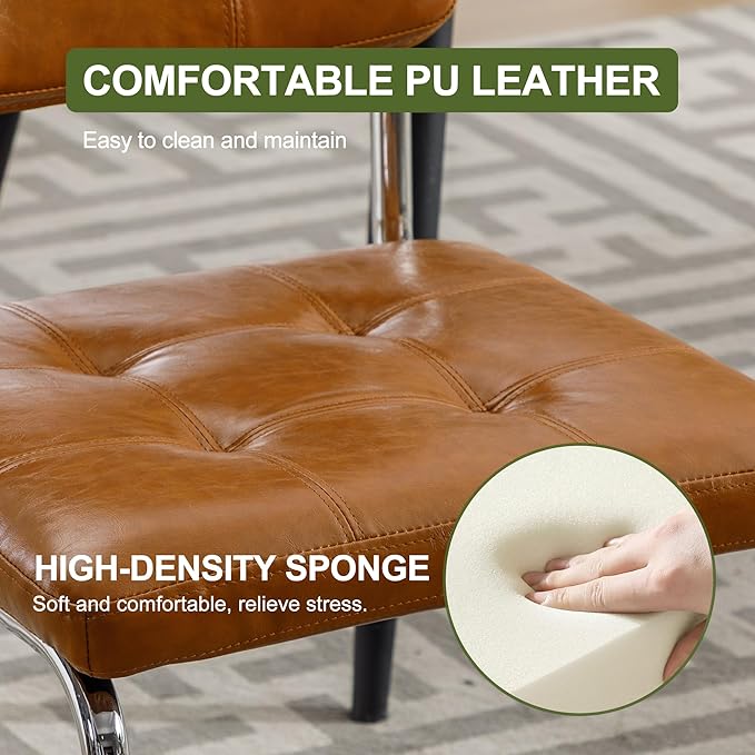 Forevich Mid Century Modern Dining Chairs Set of 2, Leather Kitchen Dining Room Side Chairs Upholstered Armless Accent Chairs with Metal Chrome Legs for Living Room, Bedroom Brown - LeafyLoom
