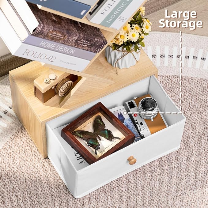 8 Tier Tree Bookshelf with Drawer, Free Standing Wood Bookcase for Narrow Space, Storage Organizer Bookshelves for Books, Book Case for Home Office, Living Room, Bedroom - Natural - LeafyLoom