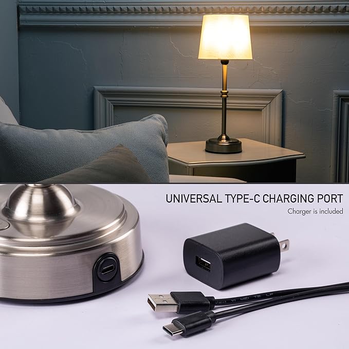 O’Bright Seraph - Cordless LED Table Lamp with Dimmer, Built-in Rechargeable Battery, 3-Level Brightness, Patio Table Lamp, Bedside Night Lamp, Ambient Light for Restaurant, Brushed Nickel - LeafyLoom