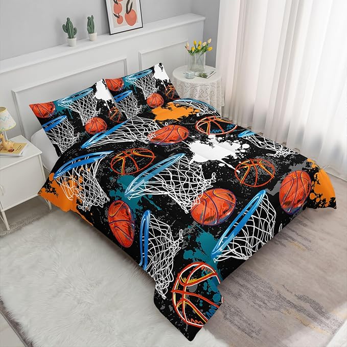 Axolotl Basketball Comforter Set Queen,Sports Comforter Set,Basketball Bedding Set,Sports Theme Comforter Set,Grunge Bedding Aesthetic Cool Style for Boys Kids Men,1 Quilt 2 Pillowcases,Black Blue - LeafyLoom