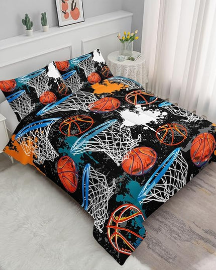 Axolotl Basketball Comforter Set Full,Sports Comforter Set,Basketball Bedding Set,Sports Theme Comforter Set,Grunge Bedding Aesthetic Cool Style for Boys Kids Men,1 Quilt 2 Pillowcases,Black Blue - LeafyLoom
