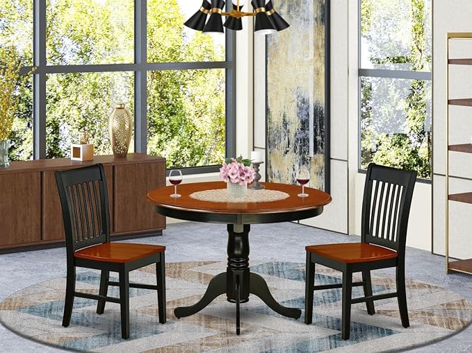 East West Furniture HLNO3-BCH-W 3 Piece Kitchen Table & Chairs Set Contains a Round Dining Room Table with Pedestal and 2 Dining Chairs, 42x42 Inch, Black & Cherry - LeafyLoom