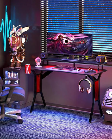 Gaming Desk with Power Outlets & LED Strip Lights,Computer Desk with Large Monitor Stand, Gamer Workstation with Stylish Metal Legs,Headphone Hook&Cup Holder for Home Office - LeafyLoom