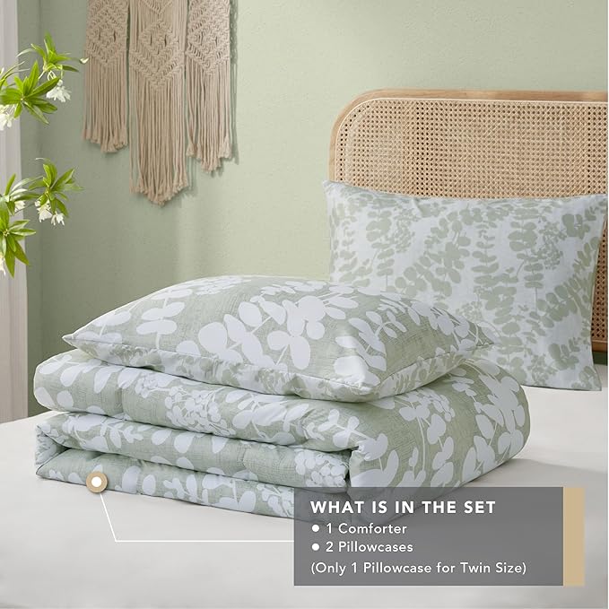 Codi Sage Green Comforter Set Queen Size, Floral Bedding Sets for Women | Nature Botanical Style, Unique Reversible Design, Better for Spring and Summer | Leaf Print 3 Pieces - LeafyLoom