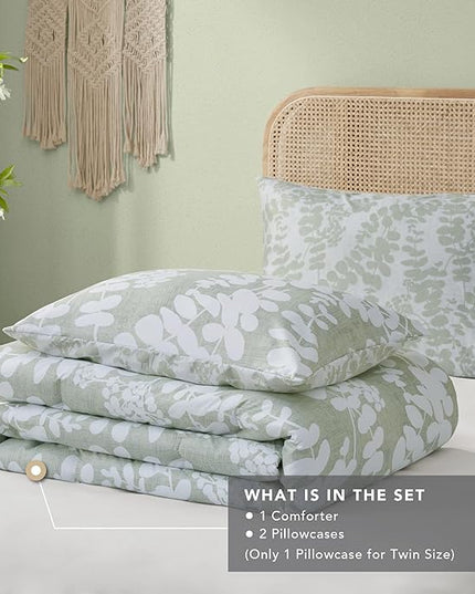 Codi Sage Green Comforter Set King Size, Floral Bedding Sets for Women | Nature Botanical Style, Unique Reversible Design, Better for Spring and Summer | Leaf Print 3 Pieces - LeafyLoom